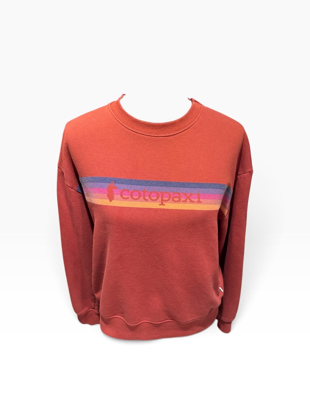 cotopaxi Rust Crewneck Sweatshirt with Rainbow Stripe